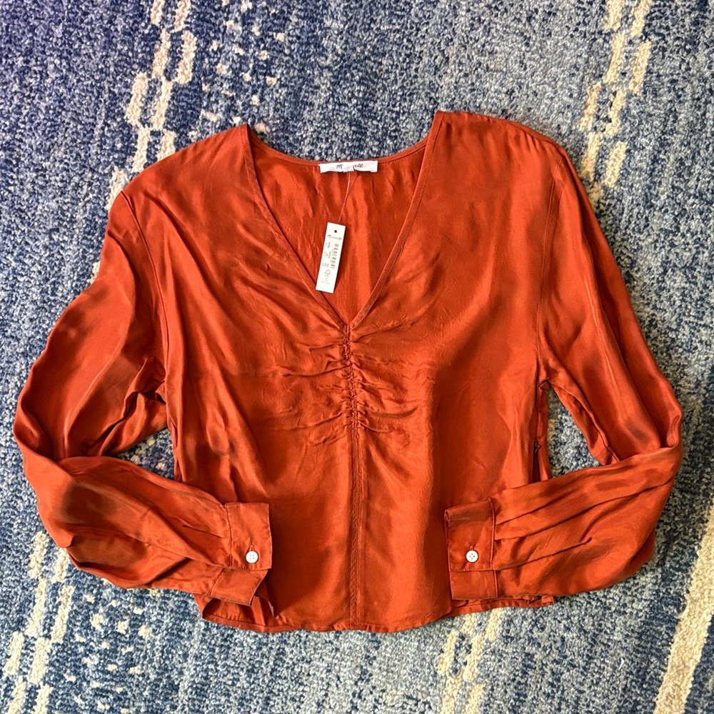 Madewell Silky Rust Blouse with Cinched V-Neck